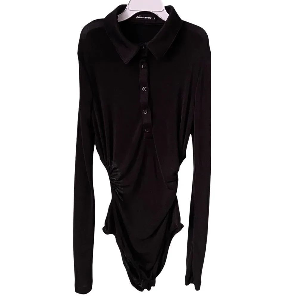 NWT Olivaceous Basic Black Long Sleeve Bodysuit Front Button with Collar Size S